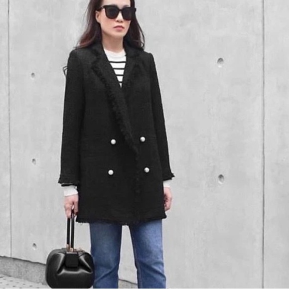 Zara Tweed Textured Boucle Pearl Button Blazer Jacket Black Size XS - Picture 15 of 15